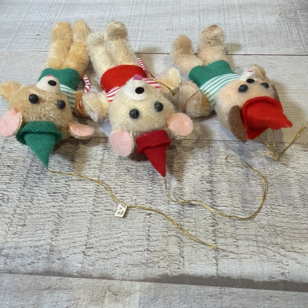 Vintage 1960s Japan Teddy Bear Christmas Ornaments Lot 3 Chenille Mohair Posable